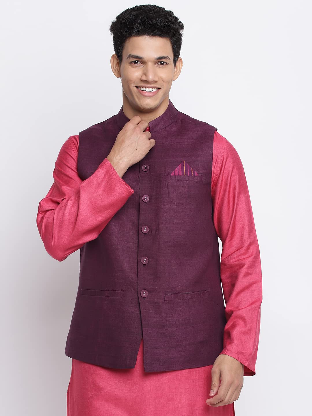 Fabindia Men Silk Woven Nehru Jacket Purple_XS