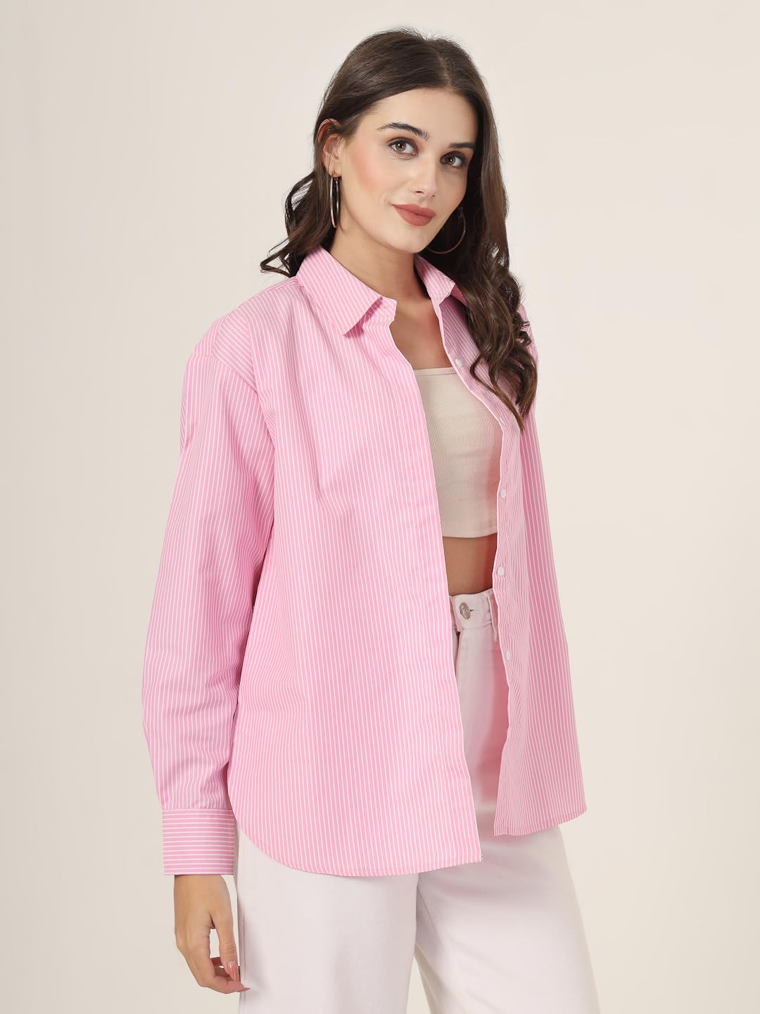 Style Quotient Women Solid Pink and White Smart Casual Oversized Polycotton Shirt