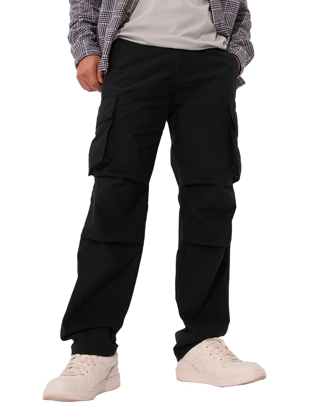 The Souled Store Solids: Ink Black Men and Boys Buttoned Cotton Straight Fit Parachute Pants
