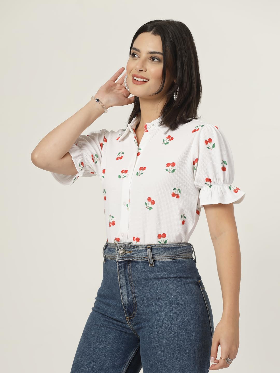 Style Quotient Women Texture White and Red Cherry Print Polyknit Shirt