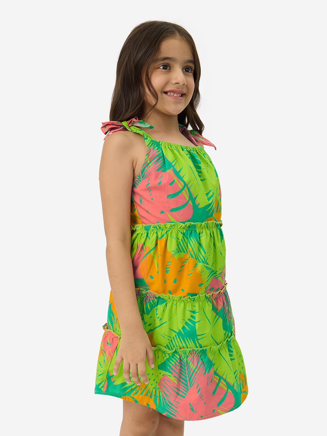 The Souled Store Hawaiian Leaves Girls Square Neck Sleeveless All Over Printed Cotton Dresses Multicolour