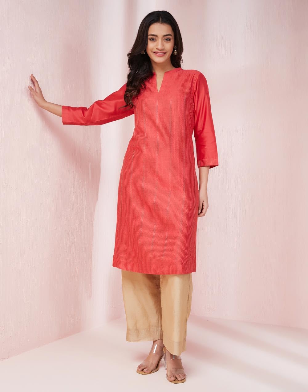 Fabindia Women's Cotton Silk Striped Regular Kurta