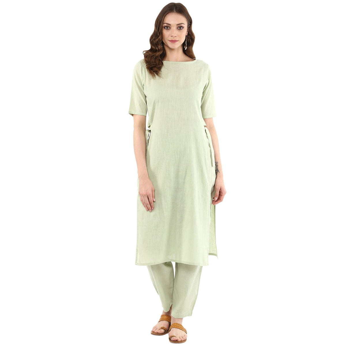Idalia Womens Ethnic Wear Sage Green Straight Cotton Kurta Set For Women Fashion