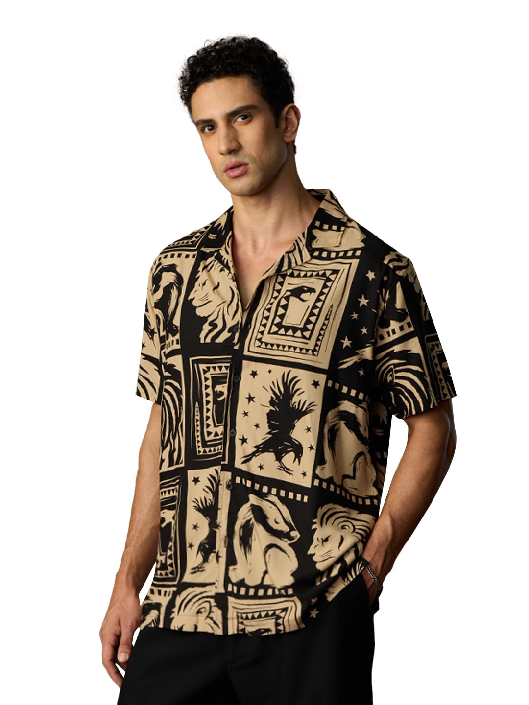 The Souled Store Harry Potter: Magic Men and Boys Short Sleeves Collared Neck Button Front Beige and Black All Over Printed Regu
