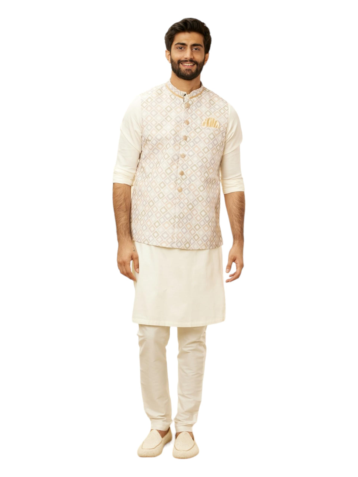 Manyavar Mens Cream Blended Cotton Self Design Jackets