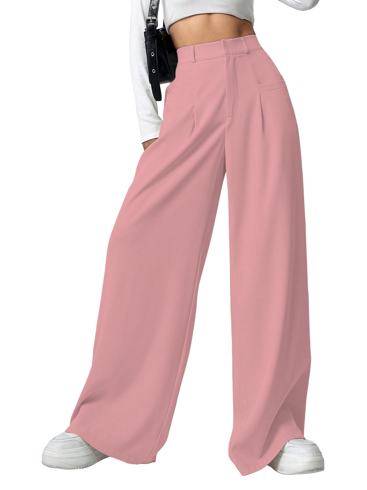 Shasmi Women & Girls Solid Peach Color Loose Fit, Pleated Trousers, Wide Leg Pocket Casual Long Korean Trousers Pant (Pant 146 P