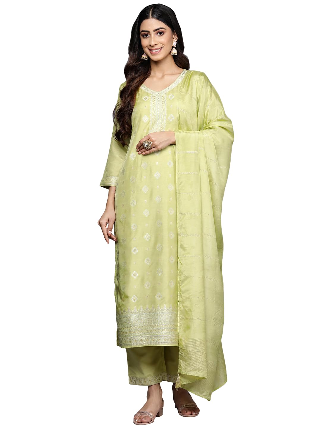 Libas Green Self Design Silk Blend Straight Kurta With Trousers & Dupatta