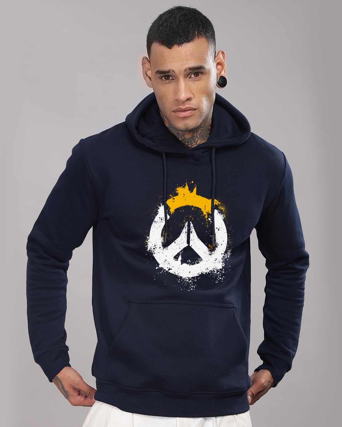 ADRO Mens Cotton Neck Hooded Sweatshirt (H24-M-PC-NB_Navy Blue