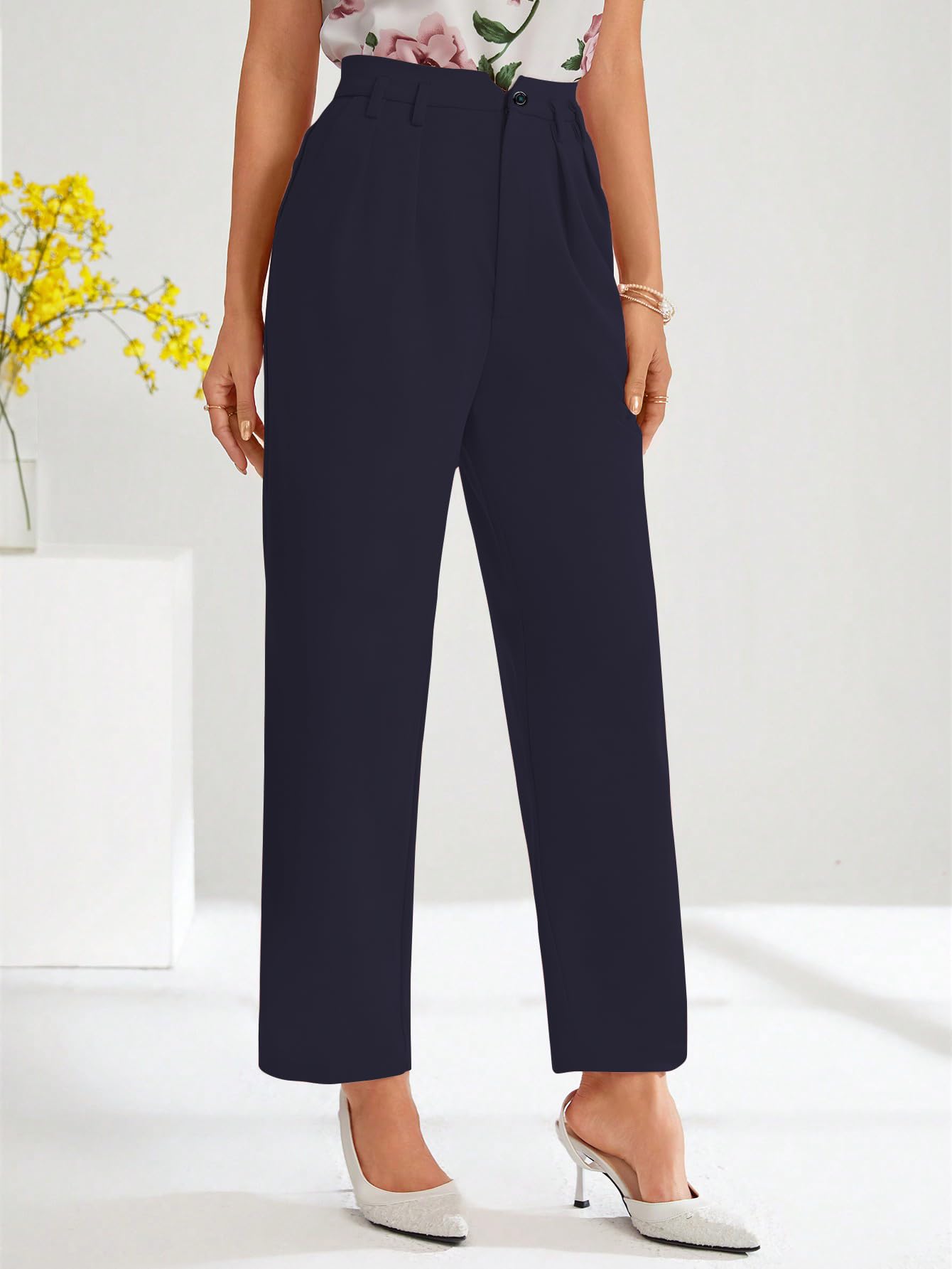 Shasmi Womens Navy Blue High Waist Pleated Straight Leg Trousers Elegant Solid Color Work Pants with Pockets, Casual Office Wea