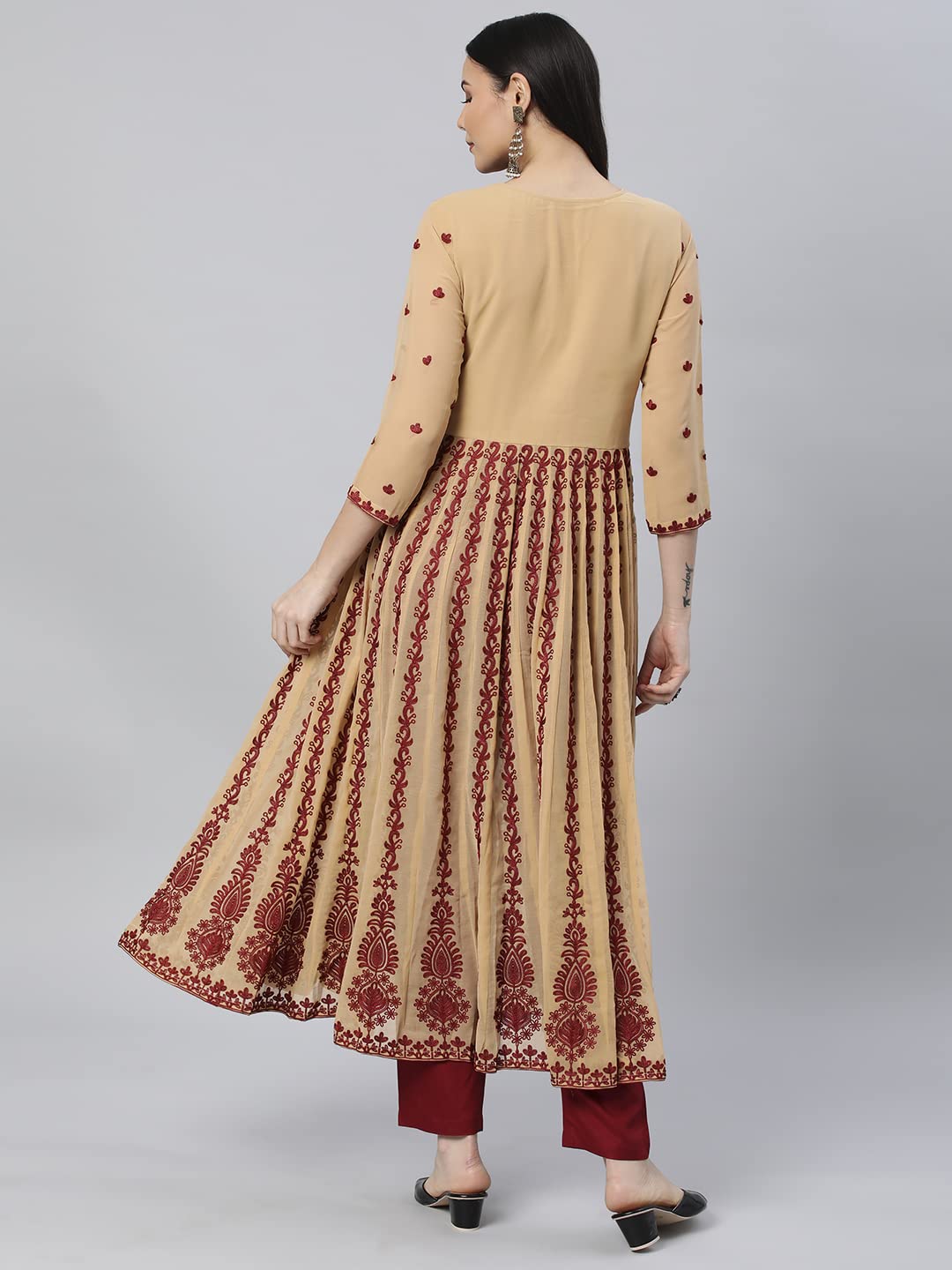 GoSriKi Women's Georgette Chikankari Embroidered Anarkali Kurti (Kari Beige-Nw1-GS)