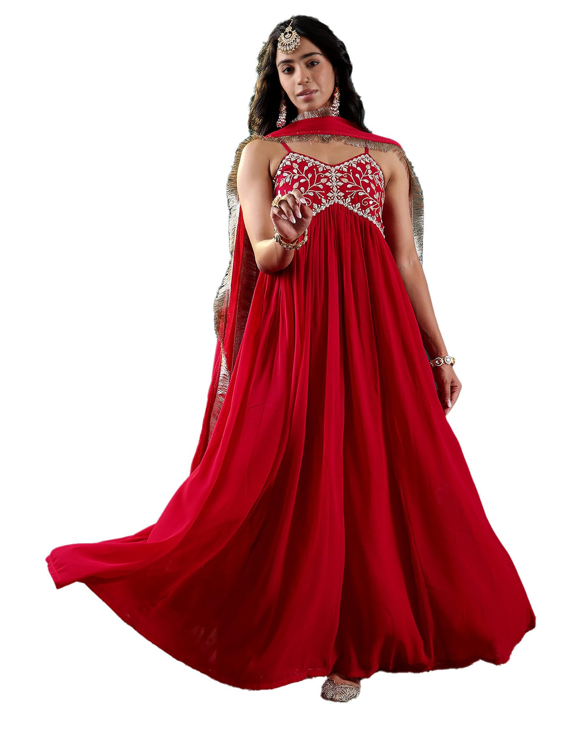 Varanga Women Fuchsia Embroidered Anarkali Kurta Set With Tonal Dupatta Zari & Mirror Embroidery, V-Neck, Fringed Dupatta