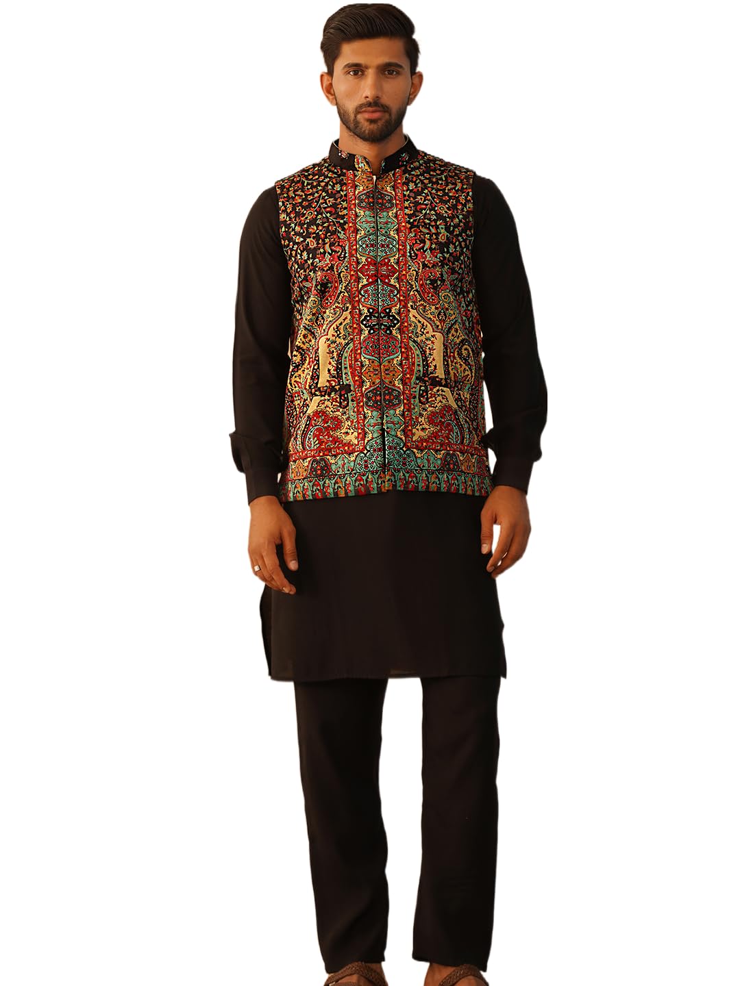 Jompers Mens Paisley Printed Nehru Jacket With Solid Kurta Pyjama Set