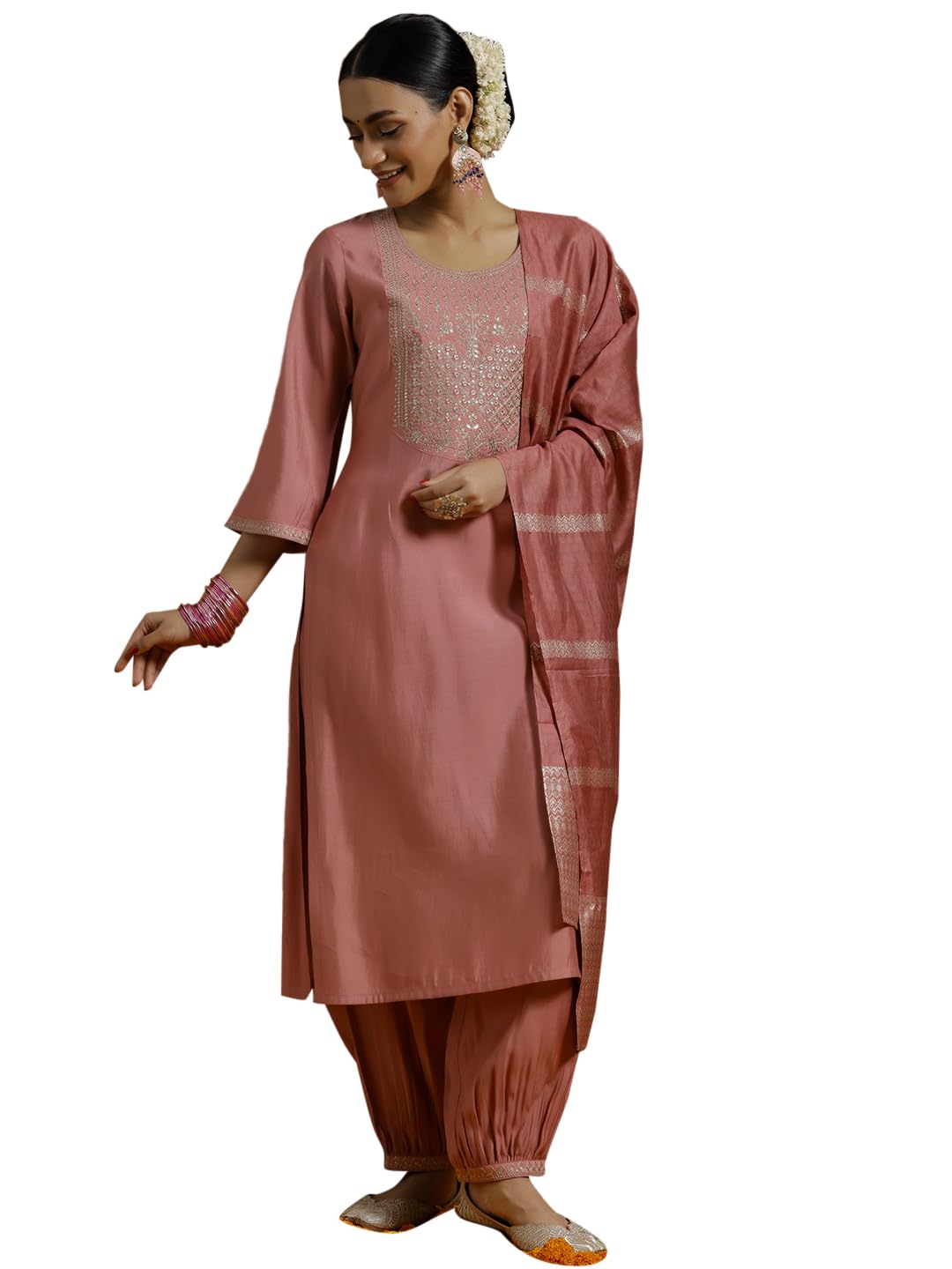 Libas WomenS Silk Blend Kurta Sets (35647_Peach