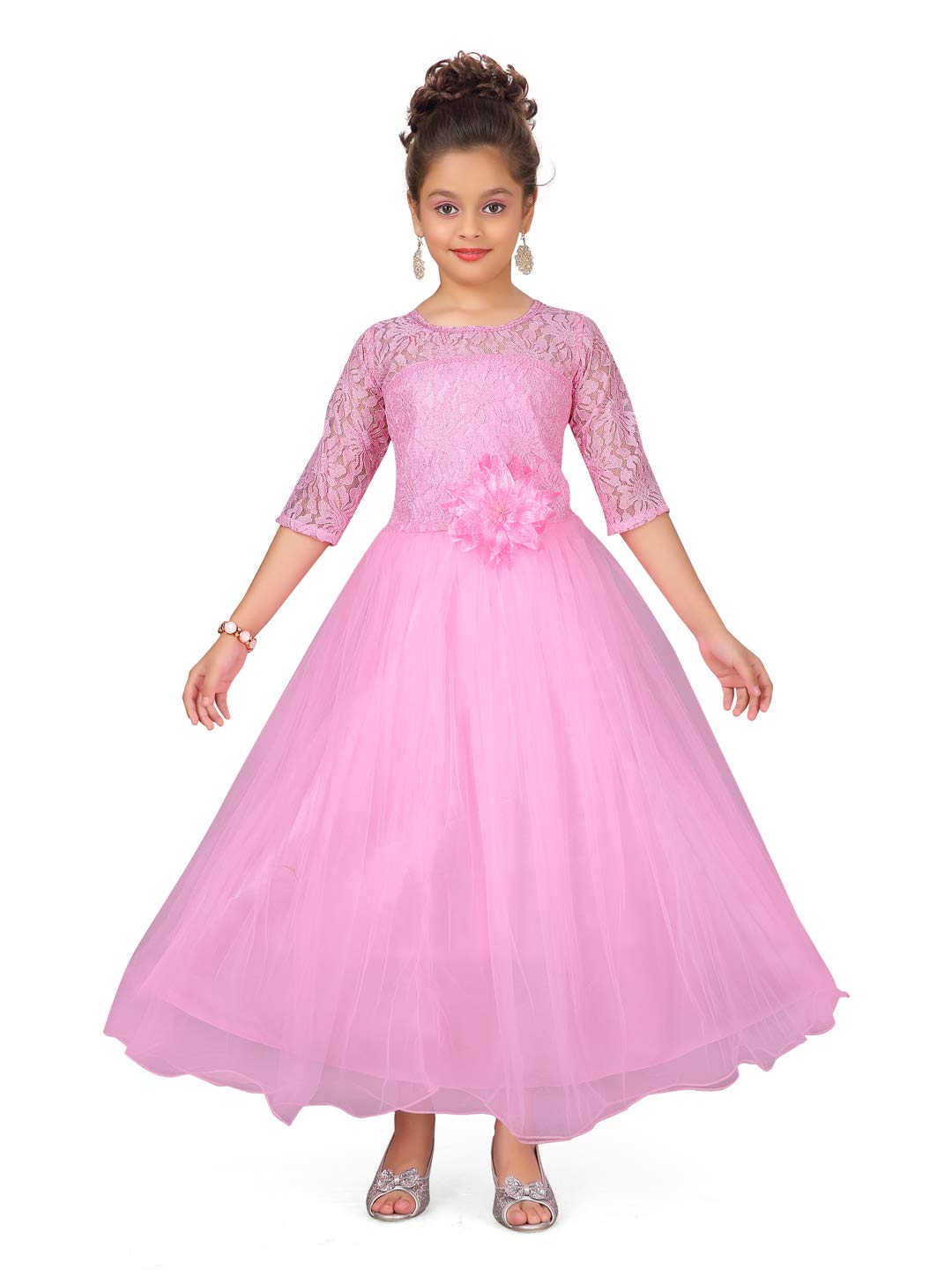 Aarika Girls net a-line Maxi Dress (G-AG-13_Pink_3-4 Years)