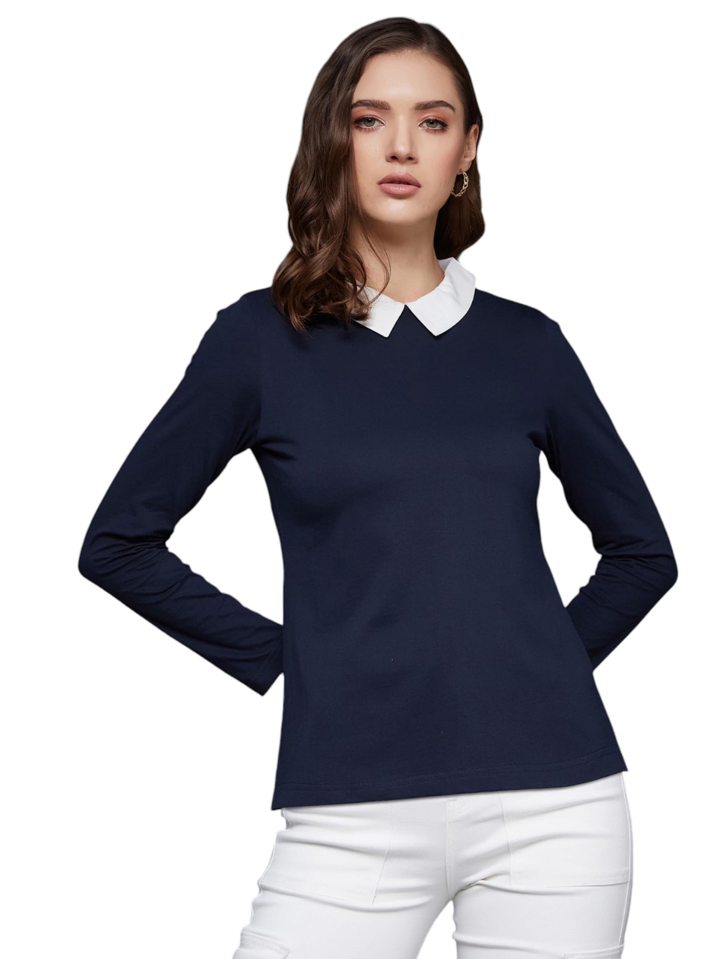 Chase Lifestyle Private Limited Womens Collared Round Neck Full Sleeve Cotton Solid Buttoned Top (MCAW24TP99-78-71-06, Navy Blu