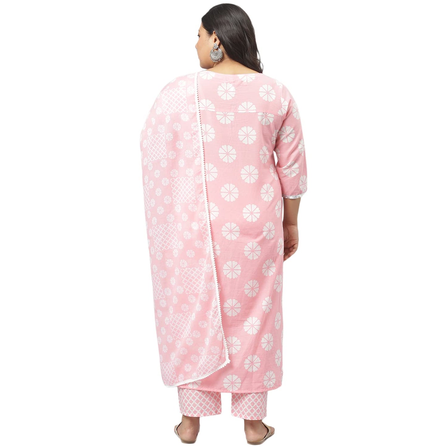 Stylum Women's Plus Size Cotton Printed Straight Kurta Pant Dupatta Set (Light Pink)