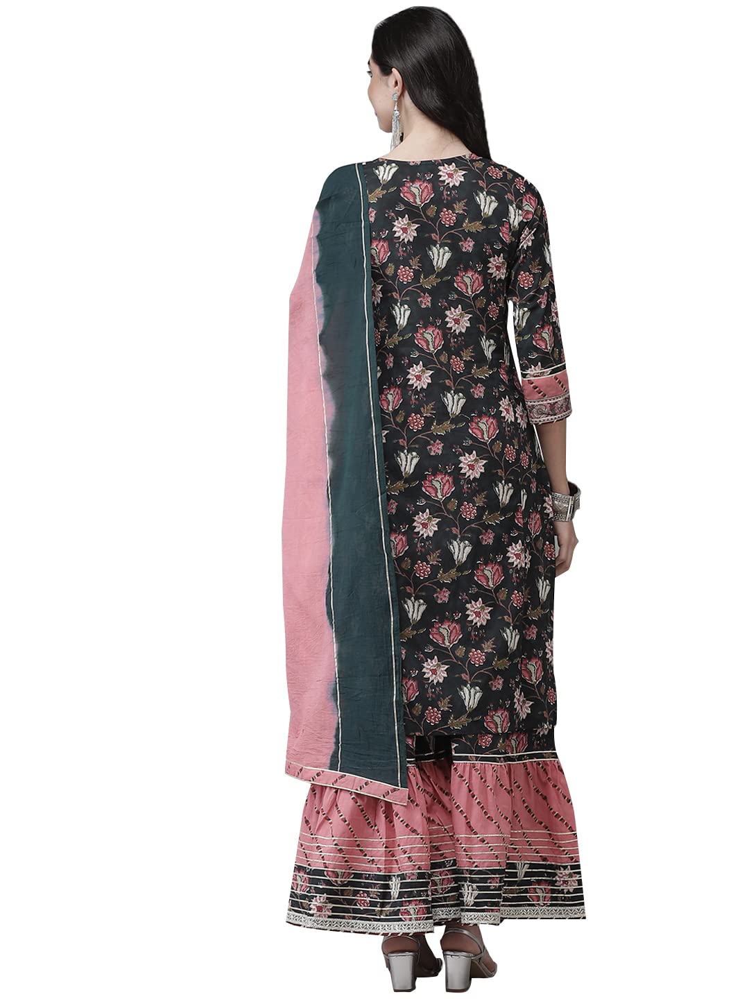 ishin Women's Pure Cotton Embroidered Gotta Patti Green Floral Print A-Line Kurta suit set With Dupatta & Sharara