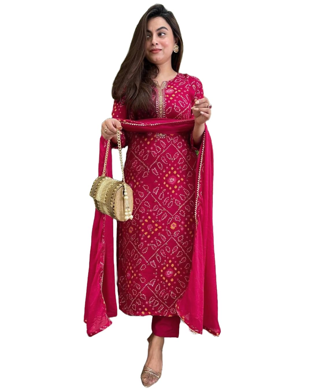 Gosriki WomenS Rayon Blend Straight Printed Kurta With Pant & Dupatta (Turae Rani-Vks01-Gs_5Xl_Pink_Xxxxx-Large)