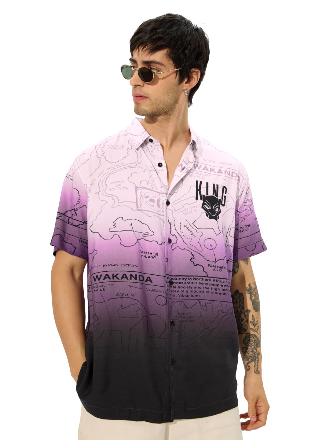 The Souled Store Official Black Panther: Map of Wakanda Men and Boys Short Sleeves Collared Neck Button Front All Over Printed V