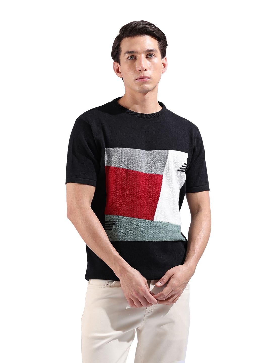 The Indian Garage Co Mens Slim Fit Textured Flatknit Half Sleeves Crew Neck T-Shirt