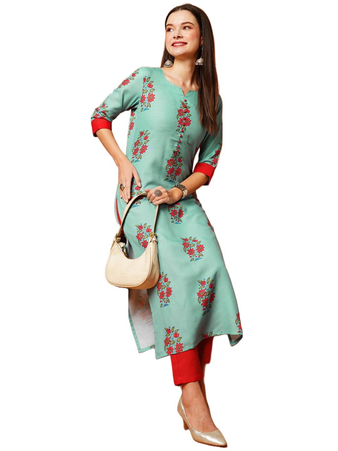ANNI DESIGNER Ladies Cotton Blend Kurta with Trousers, green, XXL