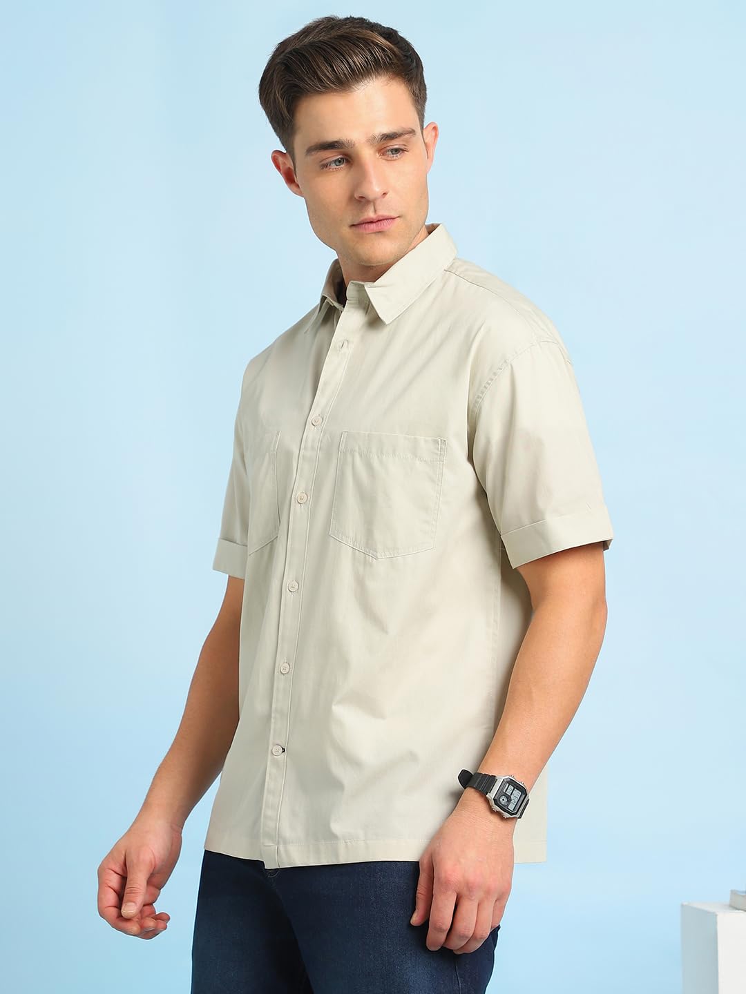 Dennis Lingo Men Beige Solid Spread Collar Half Sleeves Relaxed Fit Shirts