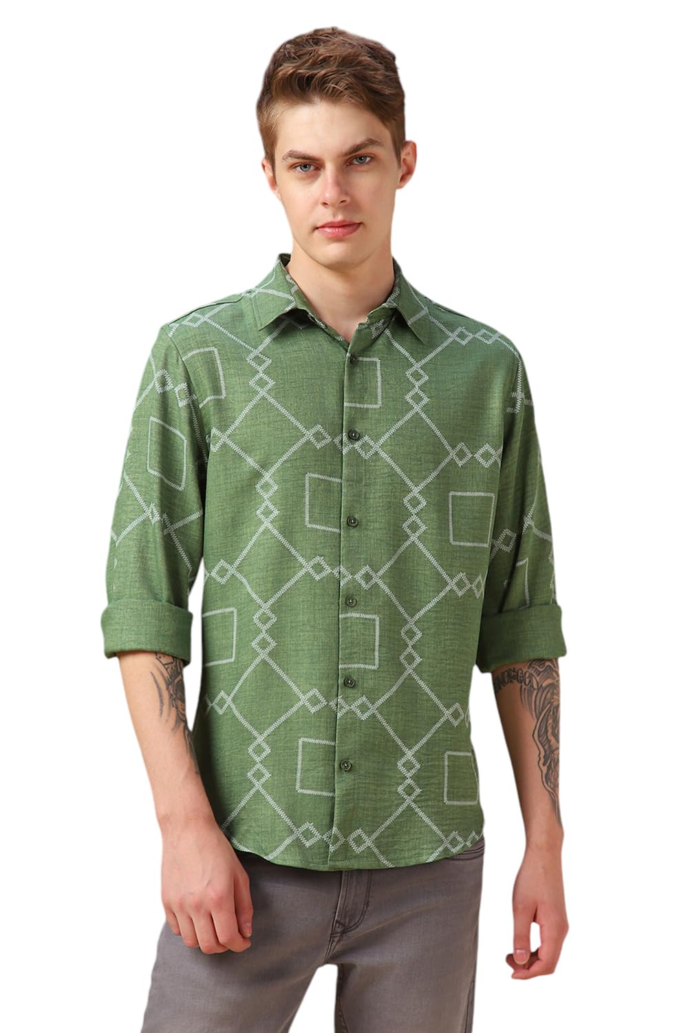 Dennis Lingo Men Green Abstract Print Cotton Relaxed Fit Full Sleeve Shirts