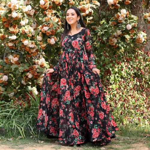 Toochki Gown For Women Wedding | One Piece Dress For Womens Long | Maxi Dresses | Ethnic Black Gowns | Anarakali Suit | Floral P