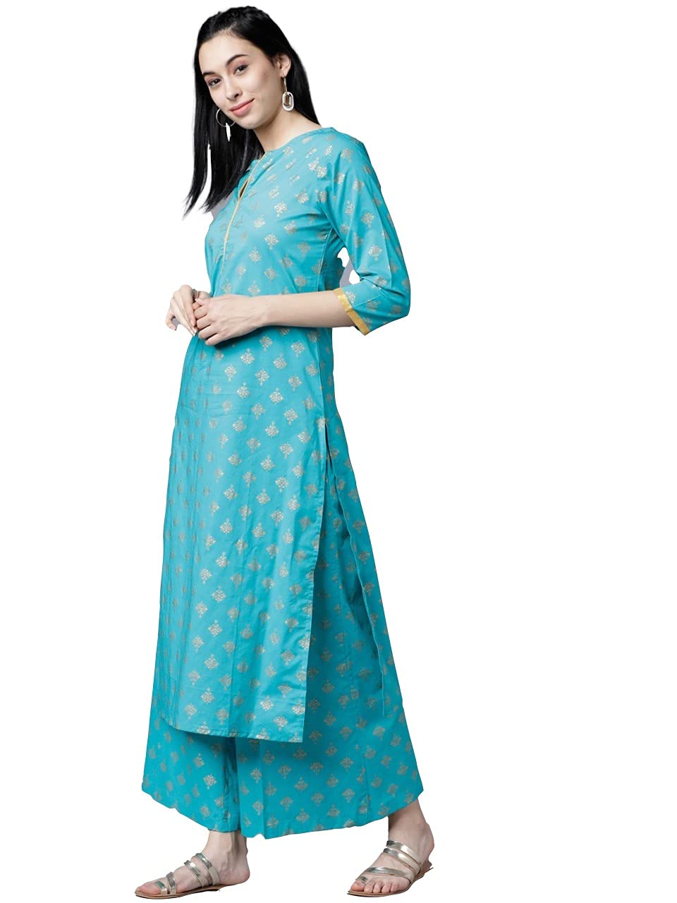 GoSriKi Women's Cotton Foil Printed Straight Kurta with Palazzo (New-Turquoise)