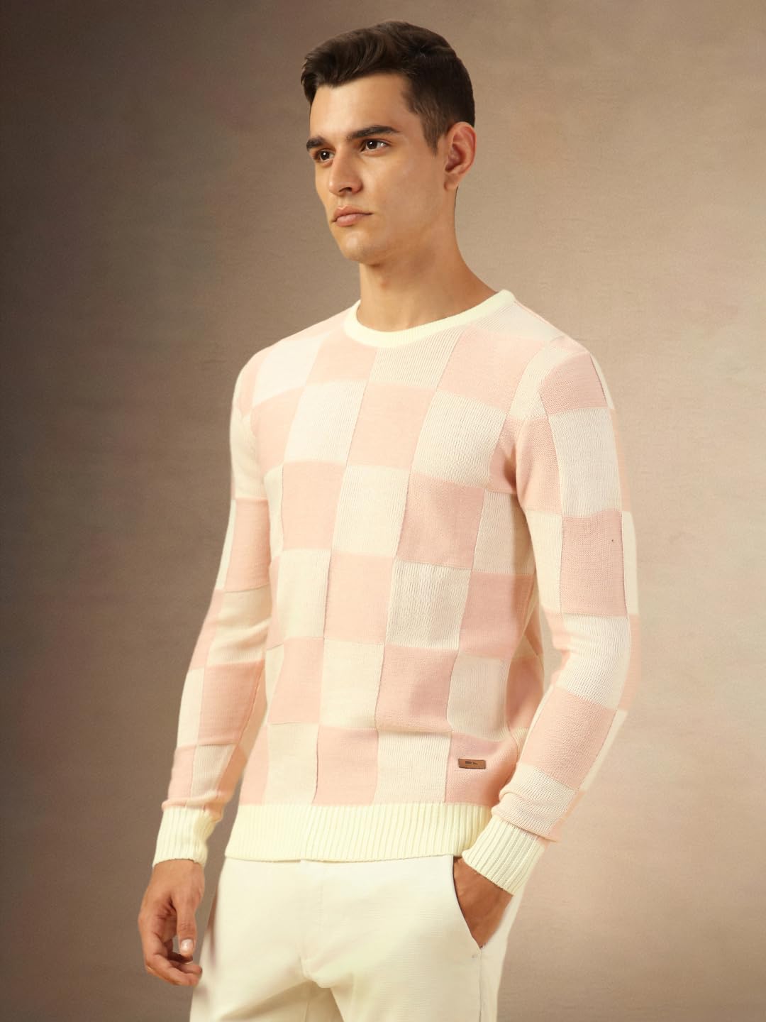 Dennis Lingo Men Regular Fit Acrylic Checks Full Sleeves Crew Neck Pullover Sweater Pink