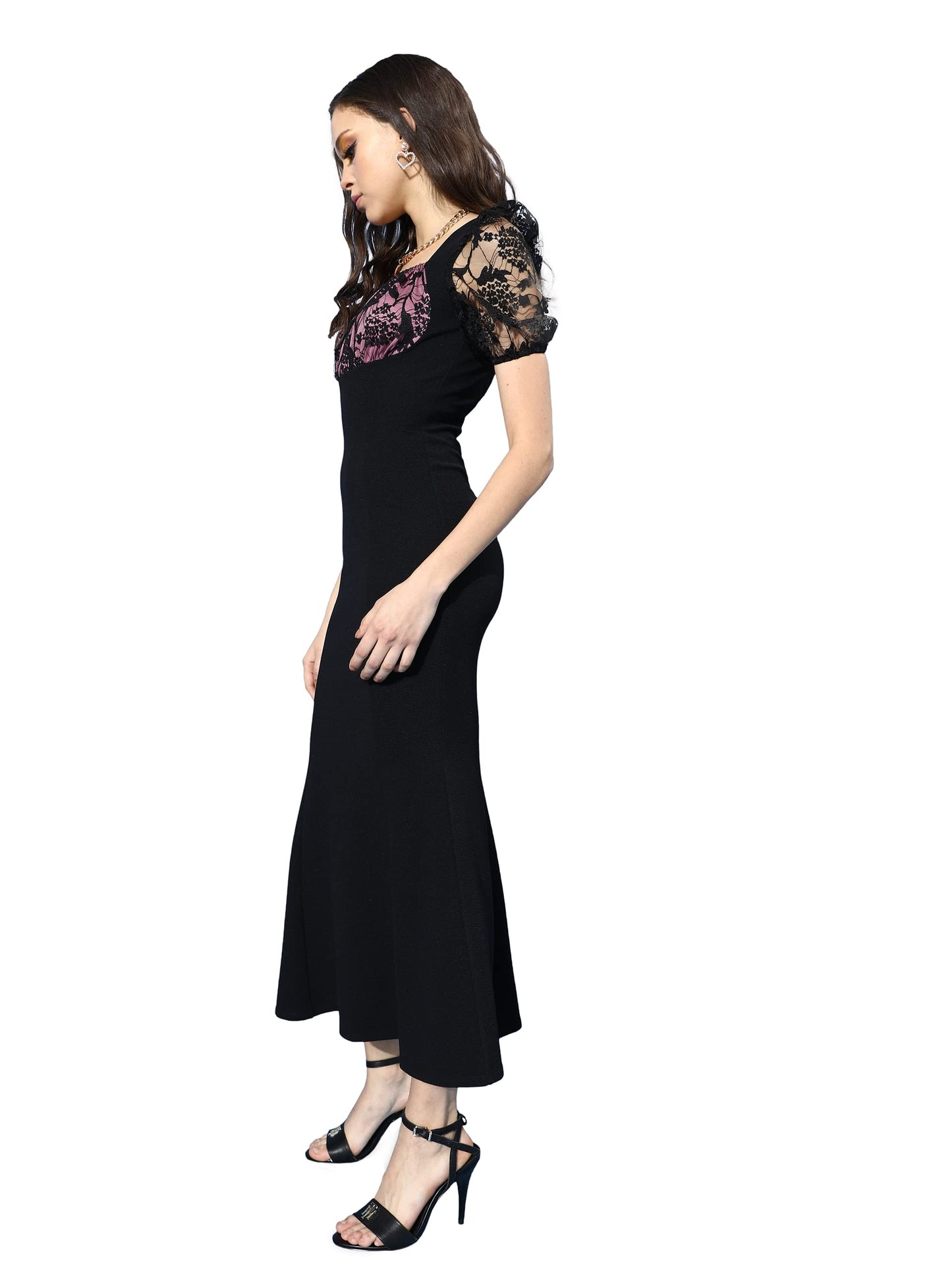 Miss Chase WomenS Black Square Neck Puff Sleeve Solid Ankle Length Dress (Mcss22D13-48-62-06,Black,Xl)