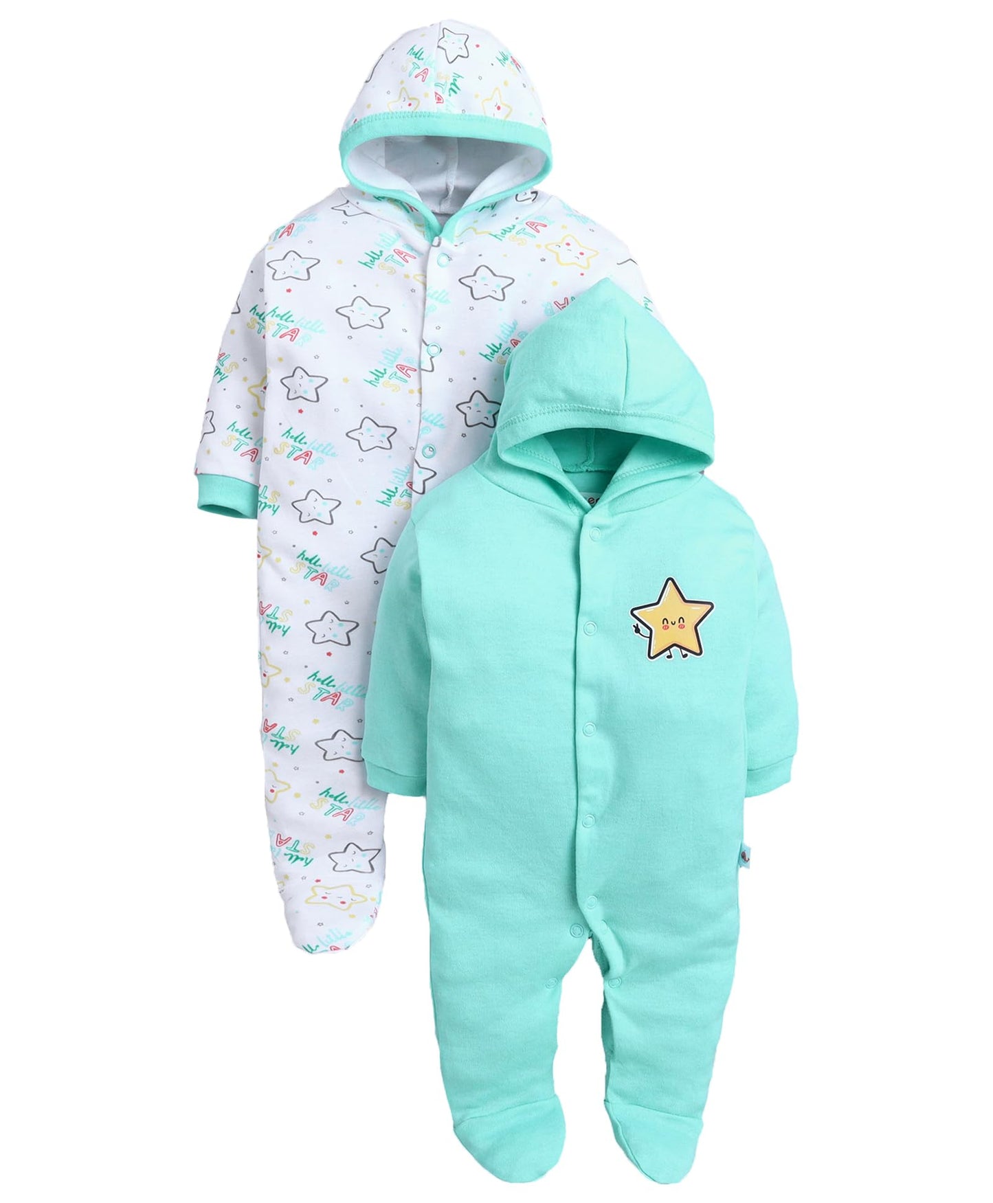 Bumzee Baby Girls Cotton Full Sleeves Pack Of 2 Hooded Sleepsuit Mint Green & White - New Born (Peb11023A-Mgn)