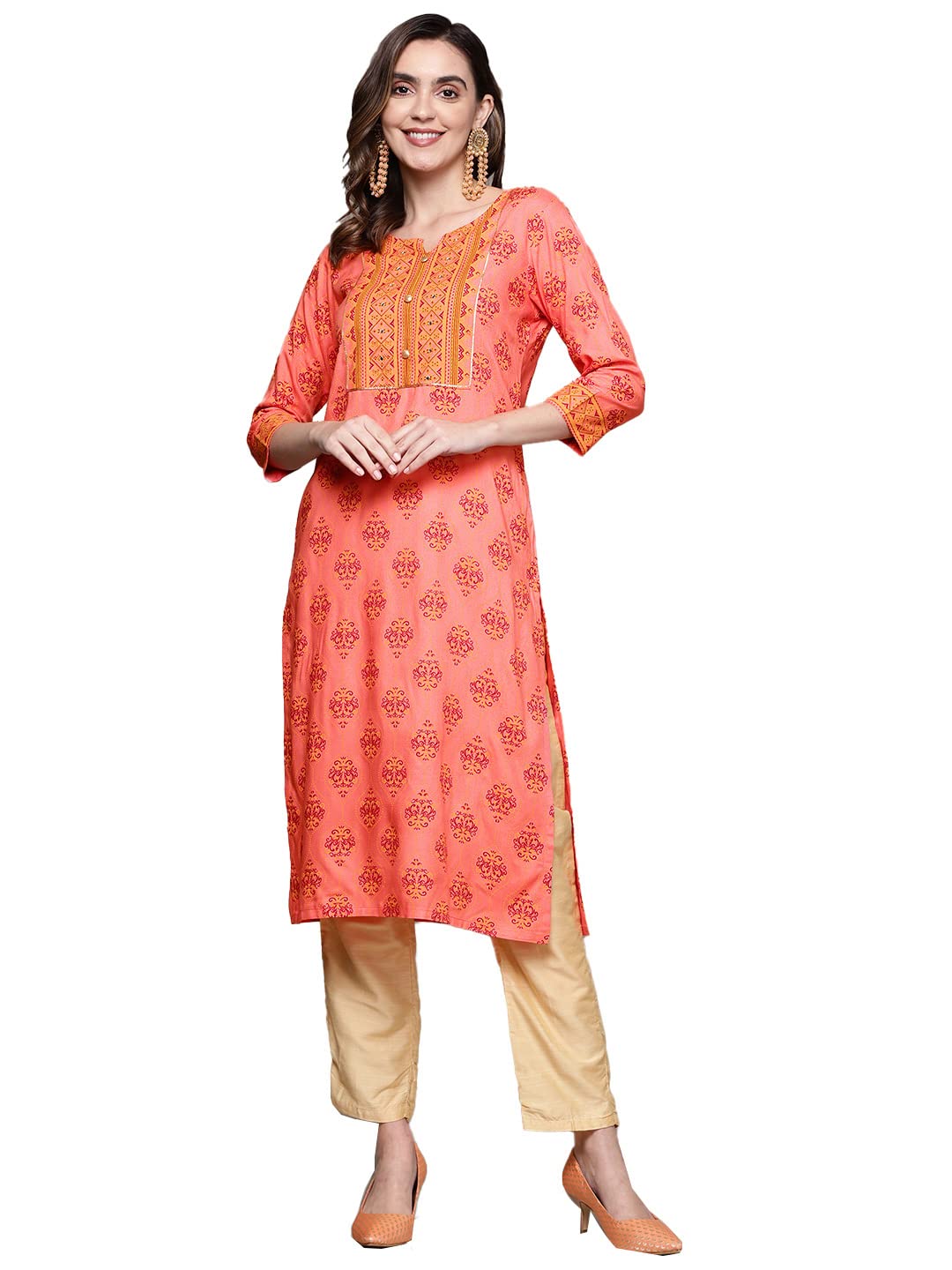 anubhutee Women's Orange Ethnic Printed Straight Kurta