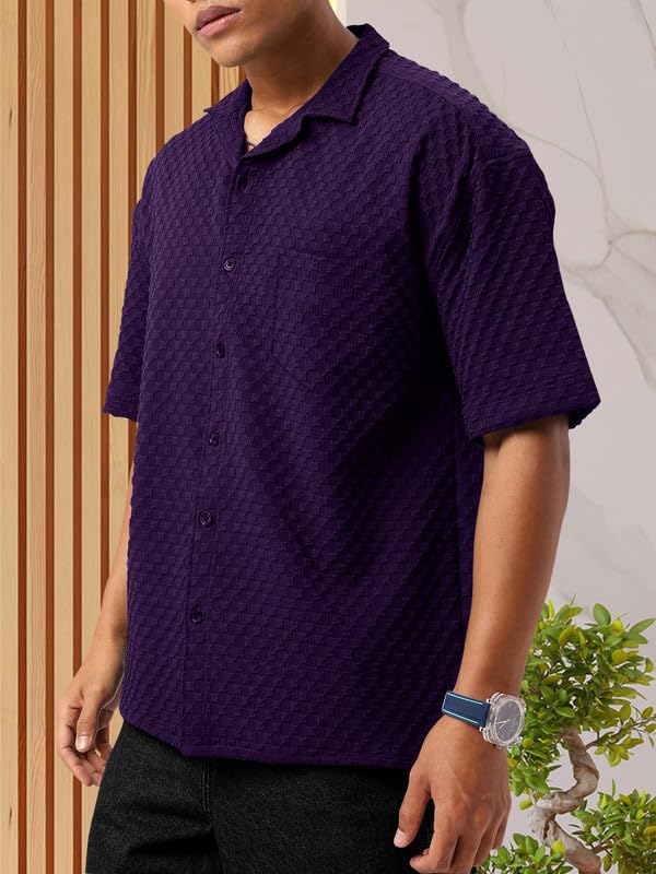 Tee Projekt Mens Regular Fit Popcorn Shirt Half Sleeve Spraed Collar Shirt Purple