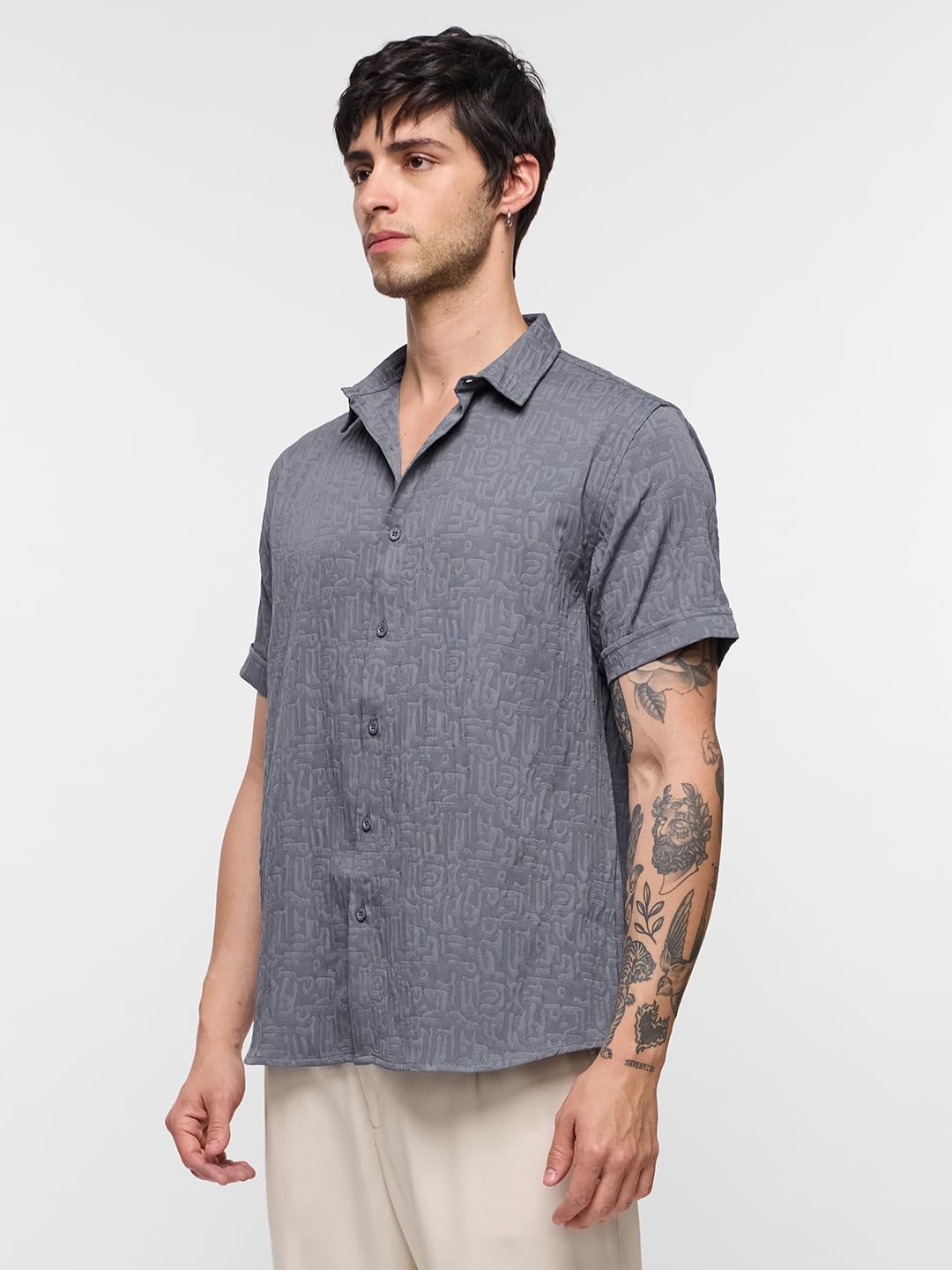 The Souled Store Silver Men and Boys Half Sleeve Collared Neck Button Front Regular Fit Textured Holiday Shirts