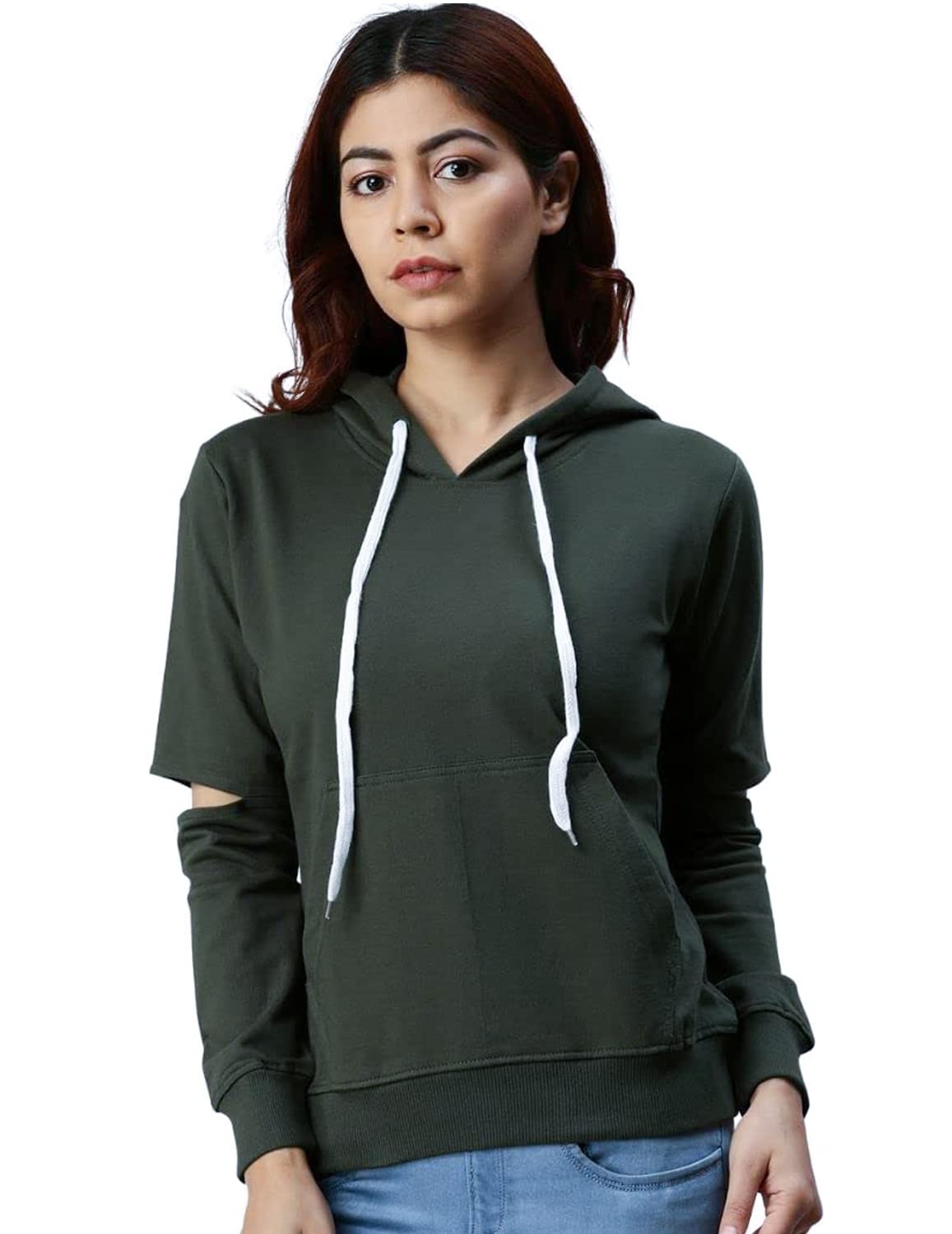Juneberry Cotton Blend Fleece Regular Fit Elbow Cut Full Sleeve Stylish Hooded Neck Sweatshirt For Women (Jb_W208_Olive)