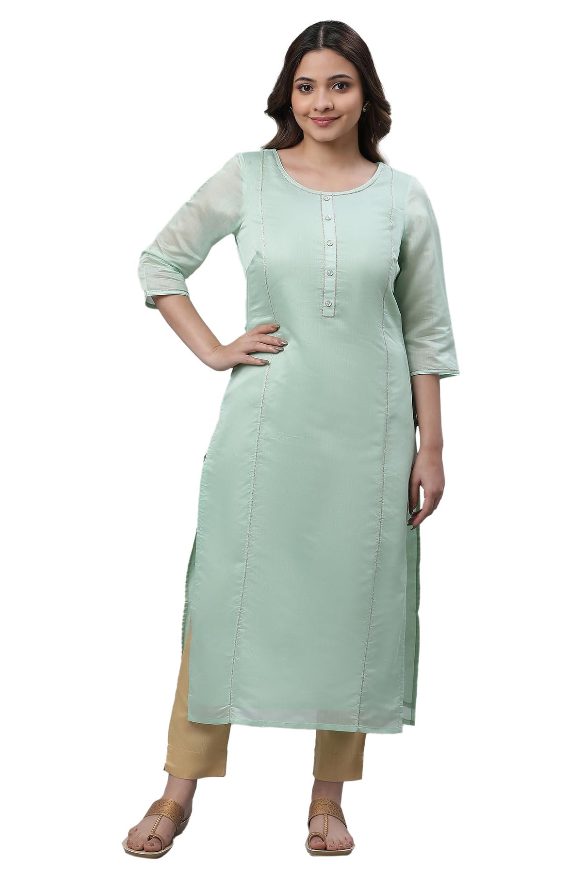 Aurelia Green Solid Blend Straight Long Kurta