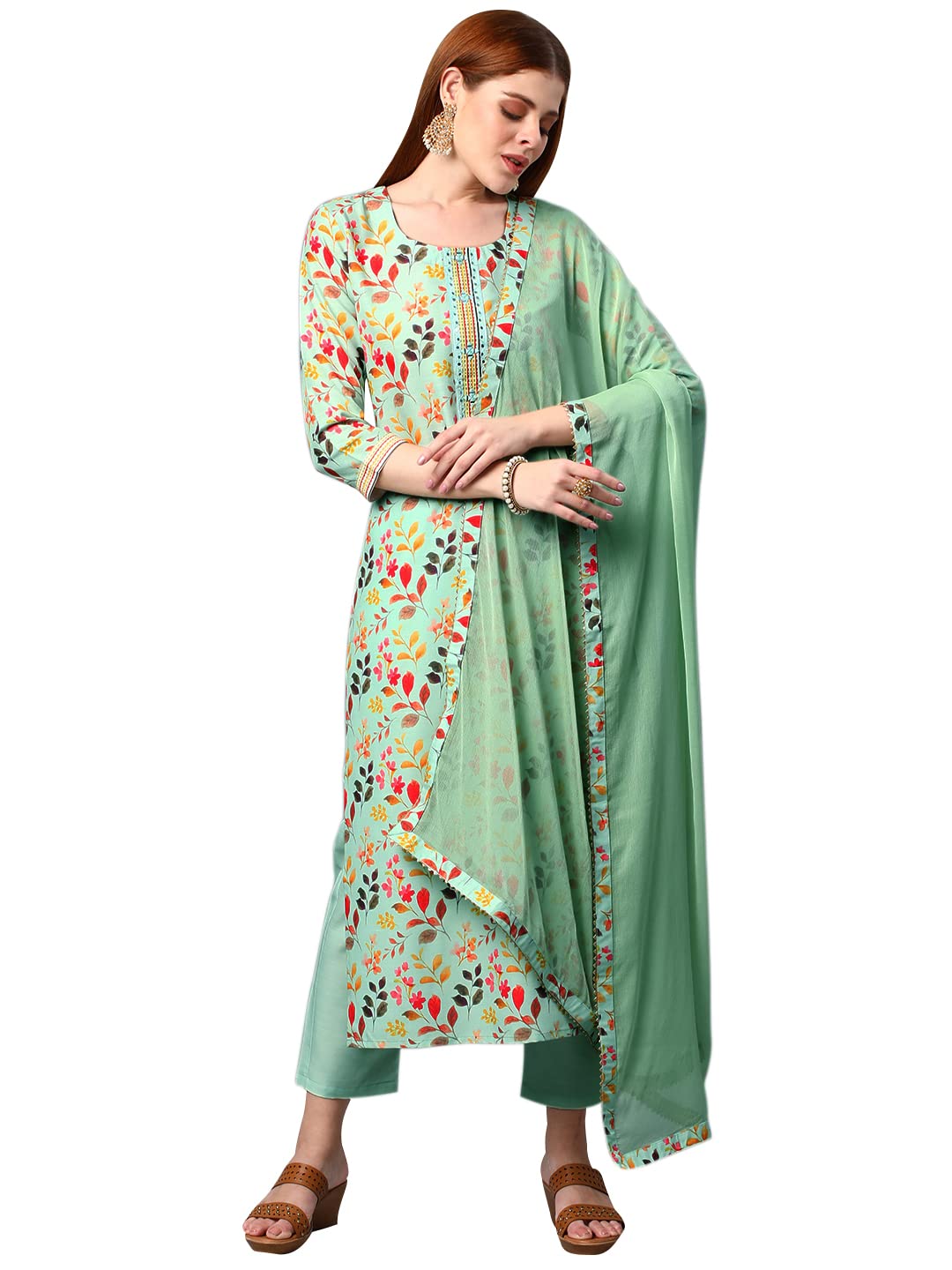 Gosriki WomenS Cotton Blend Printed Kurta And Pant With Dupatta Set (Kaleping-Pista-Nw-Gs_Xxl_Pista_Xx-Large)