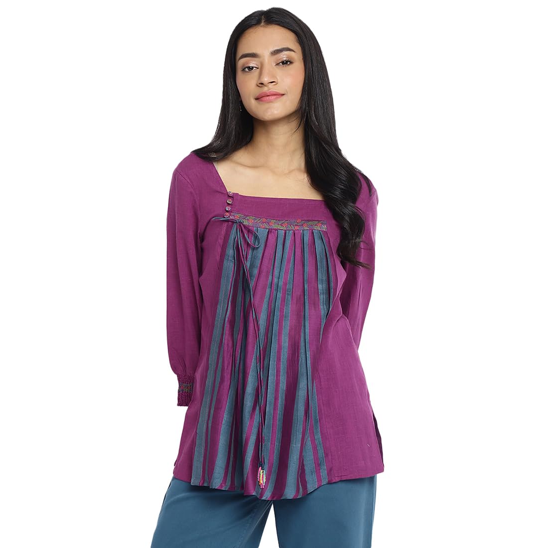 Fabindia WomenS Cotton Striped Slim Fit Short Kurta (2106487Purple_Purple