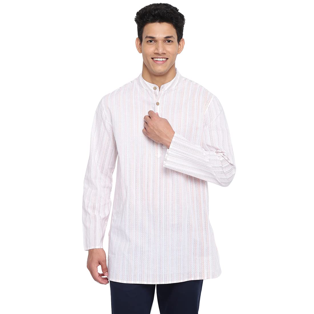 Fabindia Men Cotton Printed Short Kurta White_L