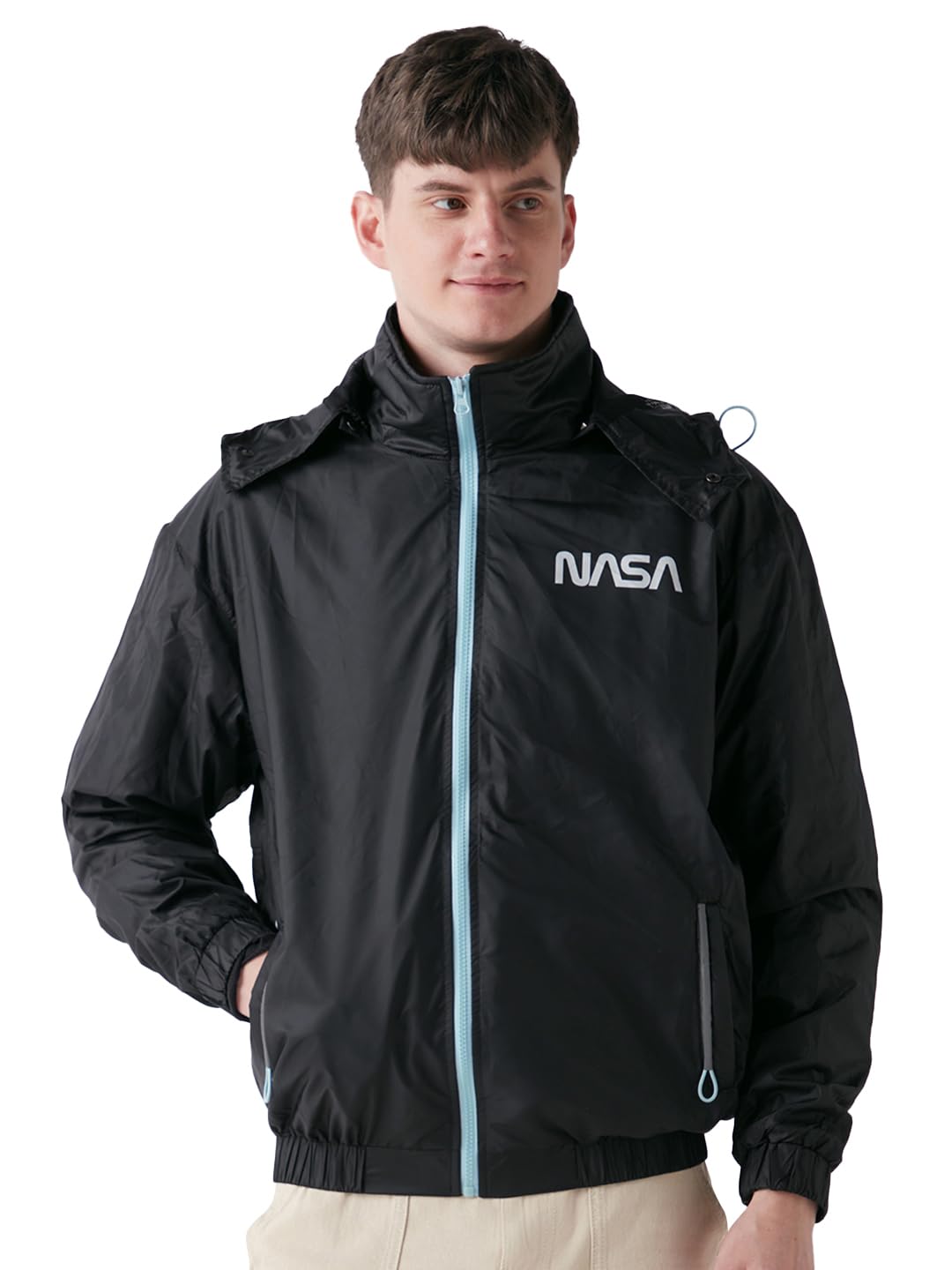 Bewakoof Official Nasa Merchandise Spaceman Mens Graphic Print Oversized Fit Full Sleeve Hooded Nylon Jacket_642557_Black_M