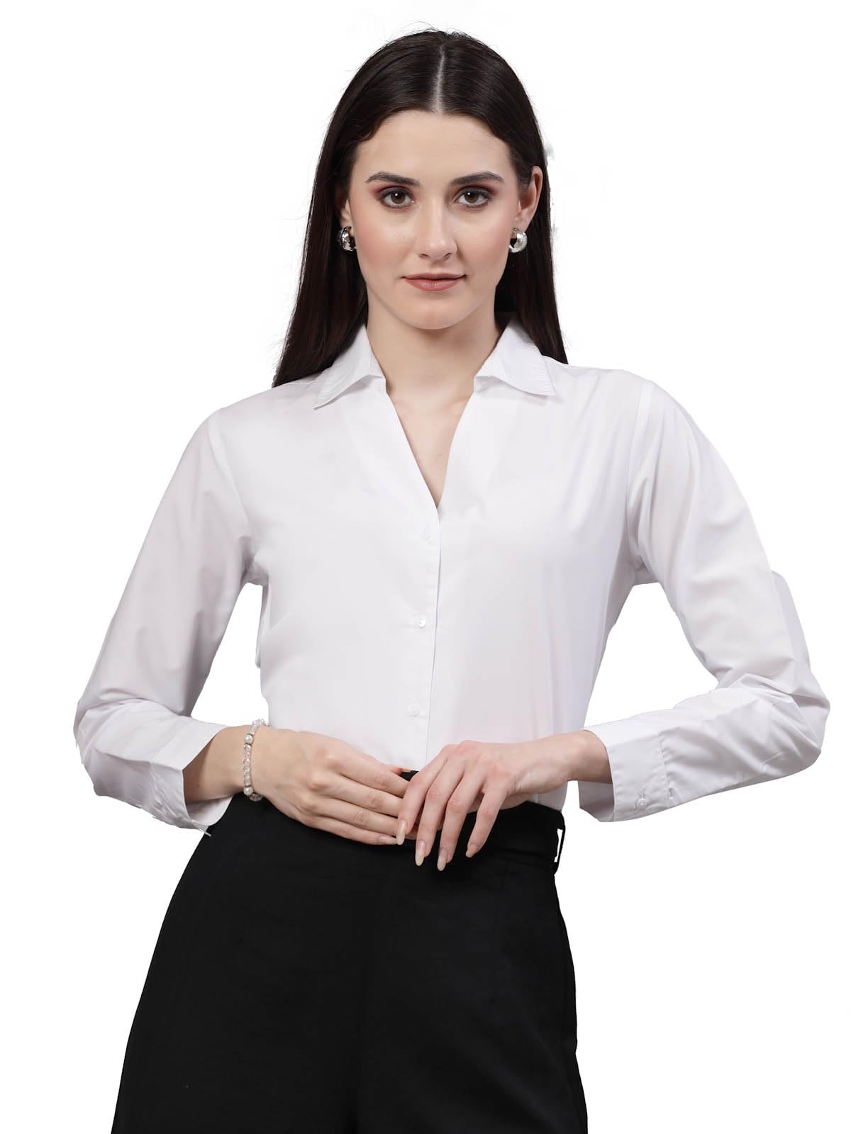 Style Quotient Women White Classic V-Neck Formal Shirt