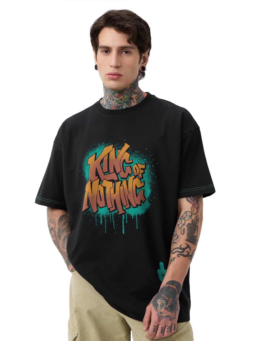The Souled Store King of Nothing Men and Boys Short Sleeves Round Neck Black Graphic Printed Cotton Oversized T-Shirts