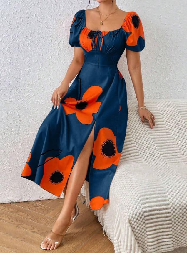 Greciilooks Viscose Rayon Western Mid-Calf Length Women Party Dress (Gl-Wd1281_Dark Blue