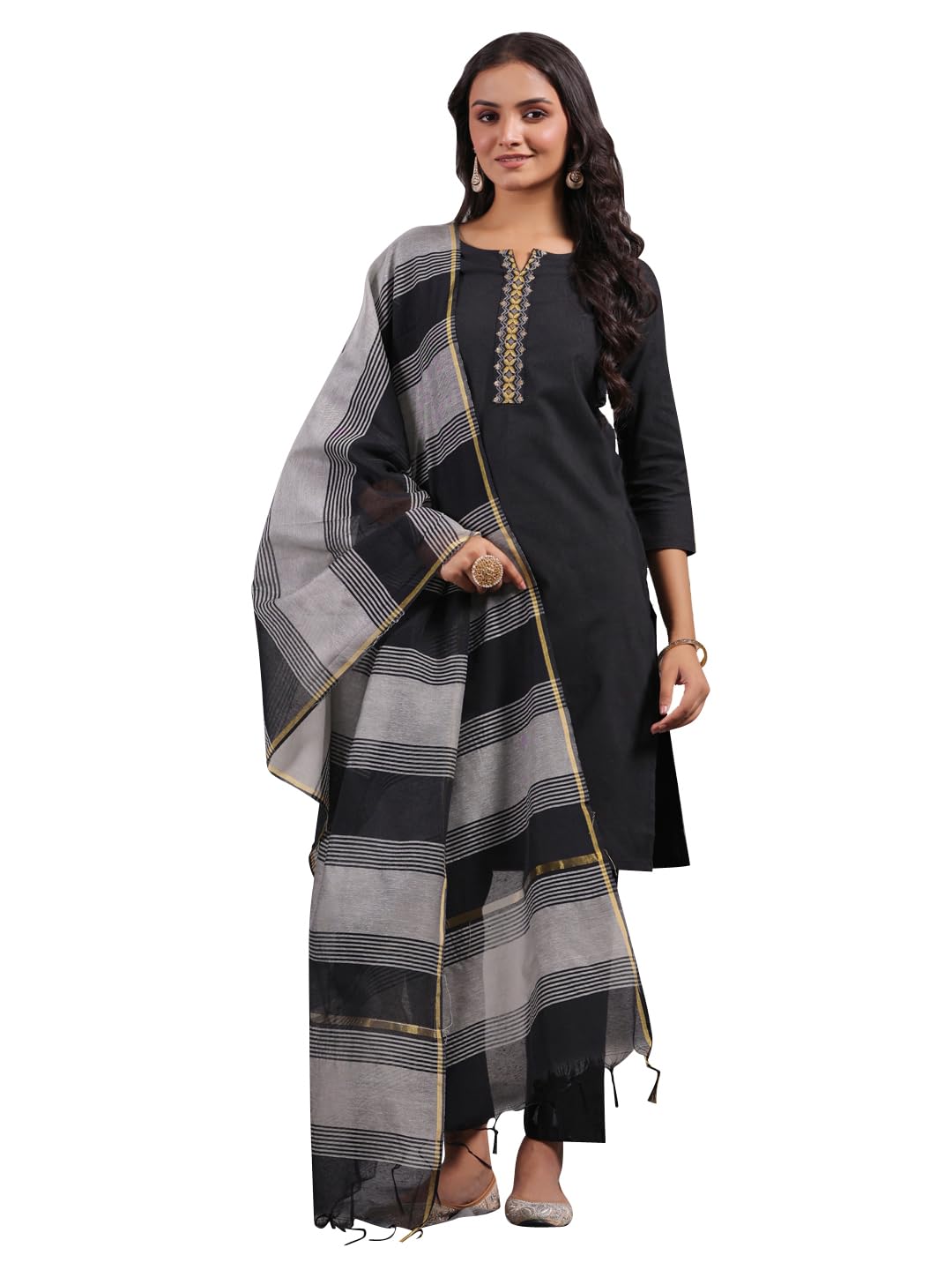 anubhutee Womens Black Ethnic Motifs Straight Kurta withTrousers & Dupatta