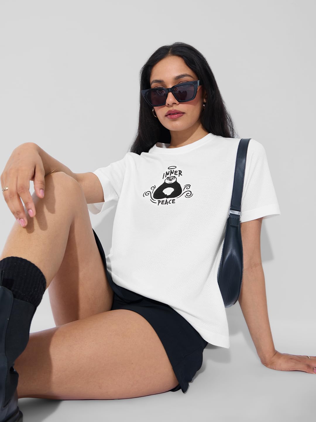 The Souled Store Textured T-Shirt: Kung Fu Panda Peace Women and Girls Short Sleeves Round Neck White Embroidered Cotton Relaxed