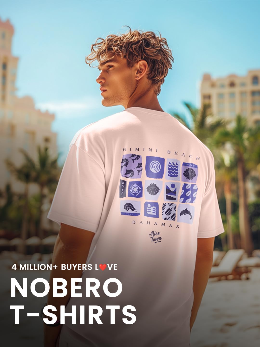 Nobero MenS Graphic Print Oversized Fit T-Shirt (1M-Twrt-C1005-Bs_Bahamas-Blush