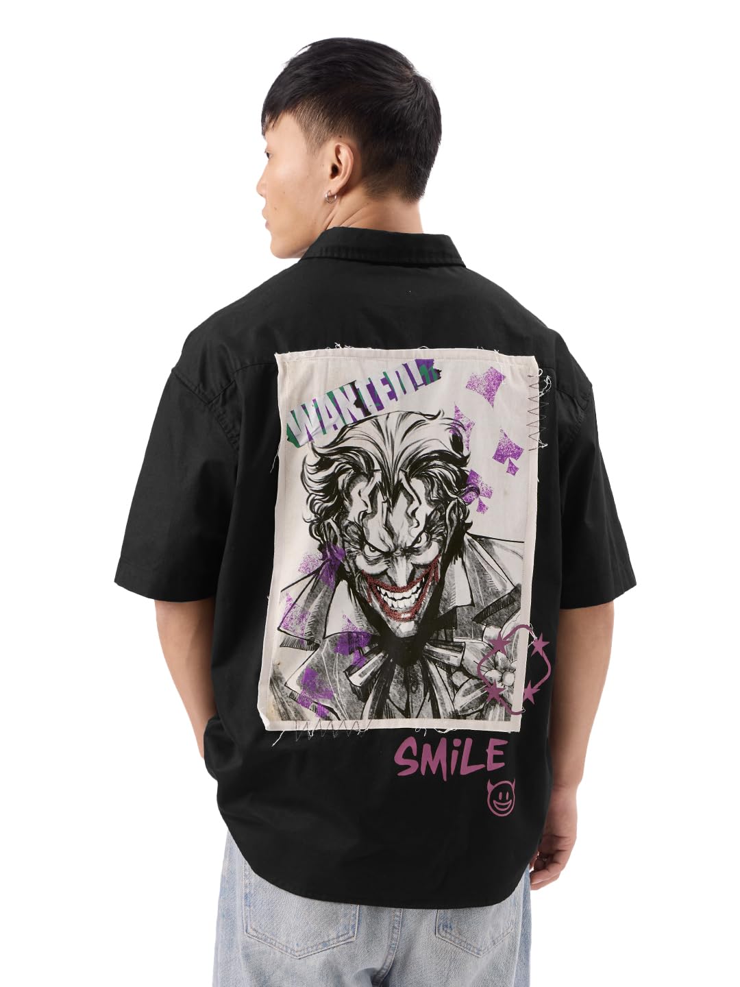 The Souled Store Official Joker: Devils Smile Men and Boys Short Sleeves Collared Neck Button Front Black Graphic Printed Cotto
