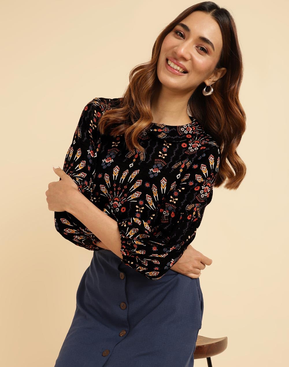 Fabindia Women's Geometric Regular Fit Top (200012701_Black