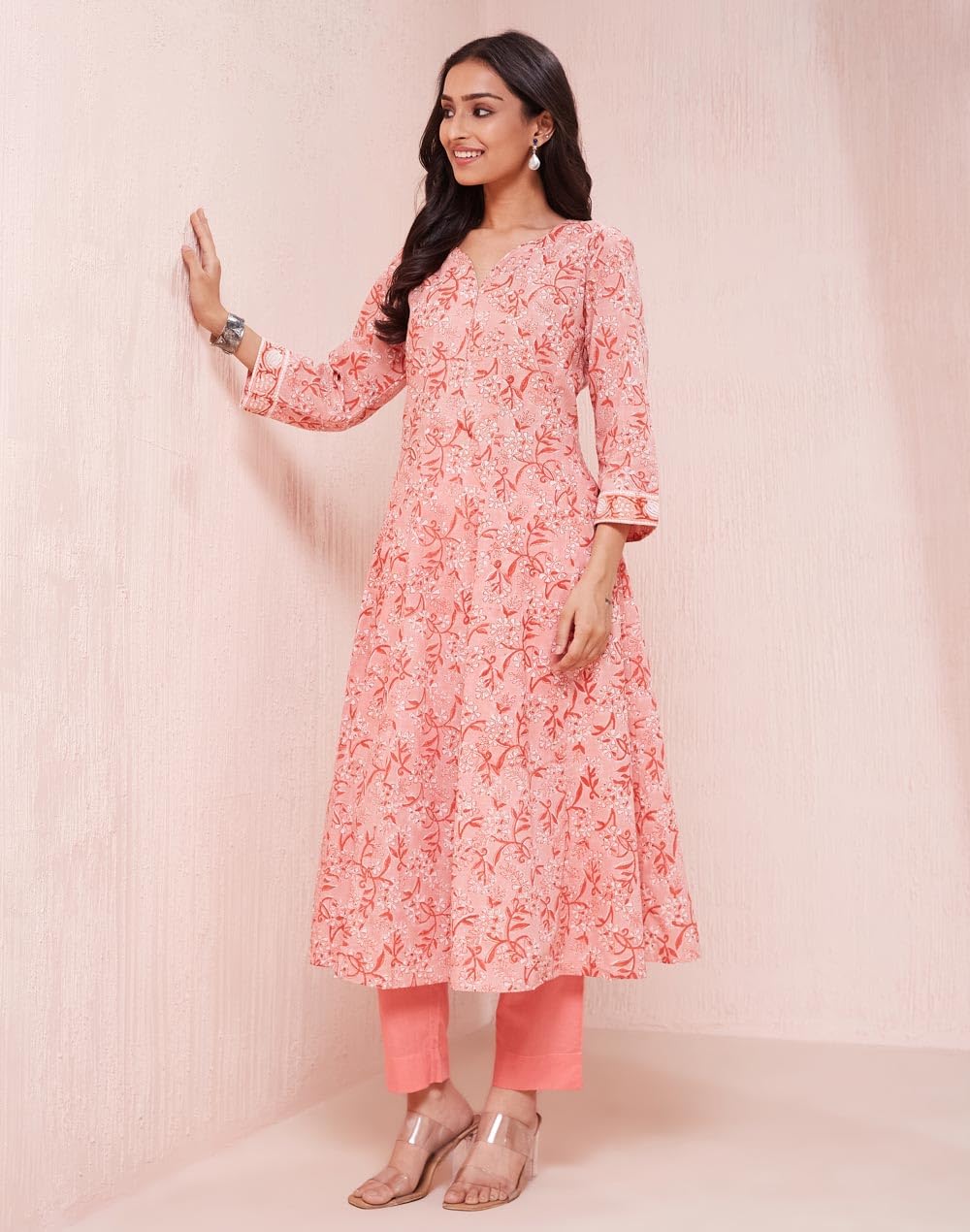 Fabindia WomenS Cotton Printed Slim Long Kurta (1038211Peach_Peach